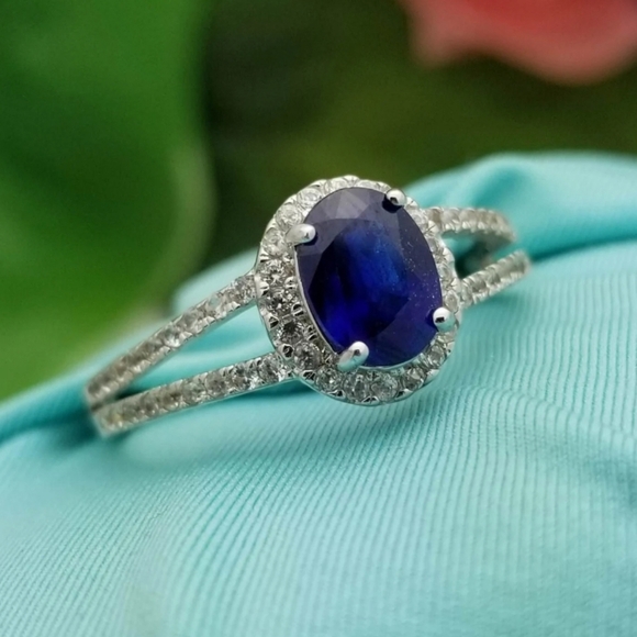 Vintage Silver Simulant Sapphire and CZ Halo Split Ring-Sterling-Simulant-Estate - Picture 3 of 9